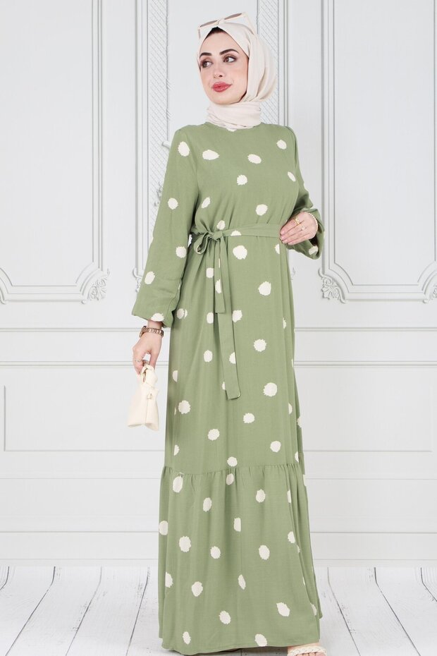 Polka Dot Belted Hijab Dress-White