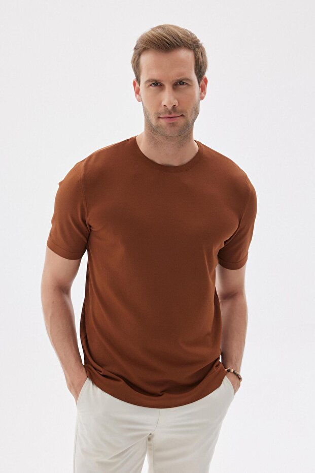 Limited Plain Short Sleeve Rayon Men's Brown Knitwear T-Shirt
