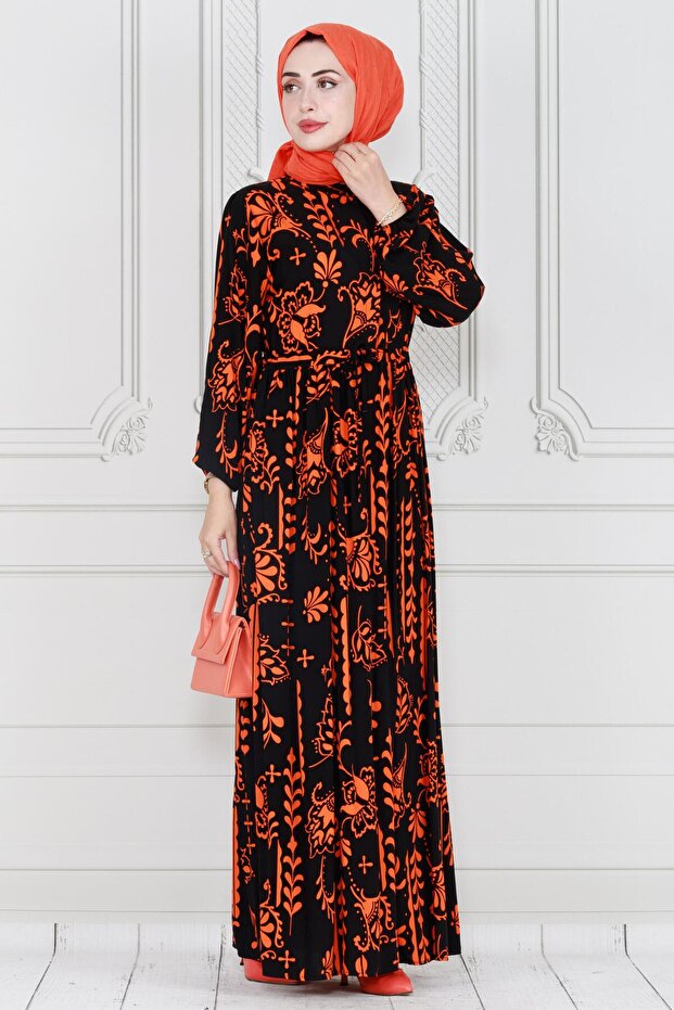 Authentic Half-Buttoned Viscon Dress-Orange - 1