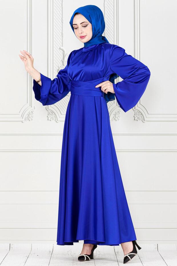Cobalt Blue Satin Evening Dress - Crossed Belted Dress