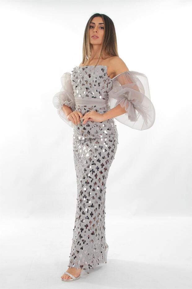 Gray Strapless Collar Disassembled Sleeve Size Sequined Women's Evening Dress