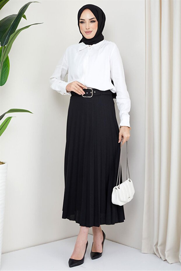 Kemerli Piliseli Etek Siyah - 5