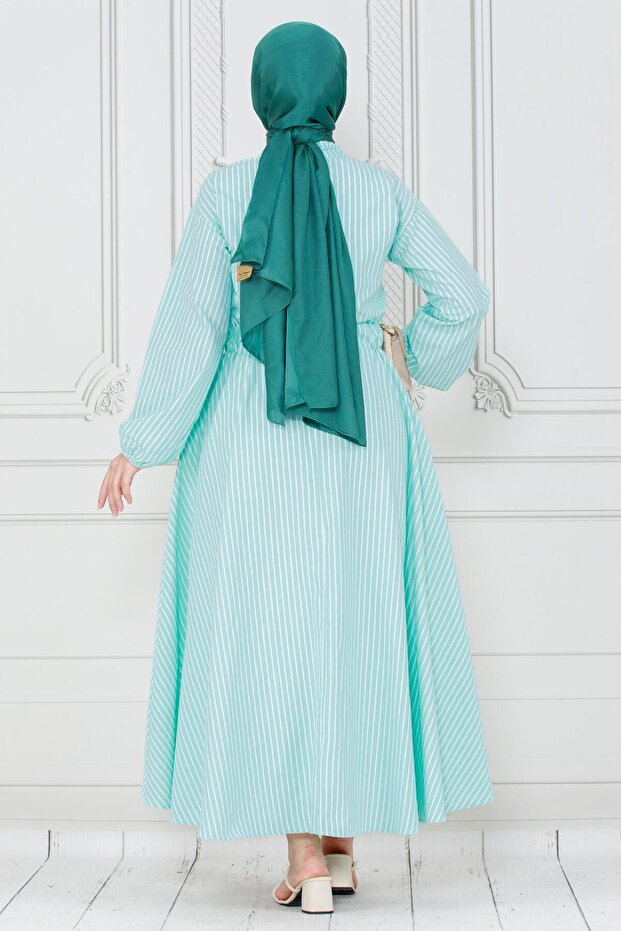 Green Striped Buttoned Dress - 5