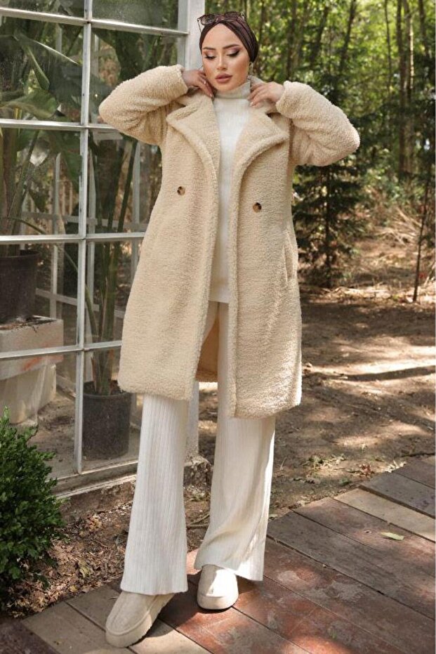 Krémszínű plüsskabát - Fleto Pocket, HM2506 modell - 2