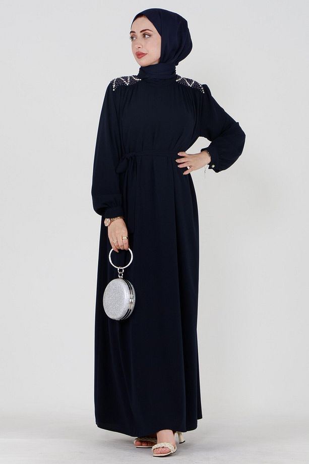 Omuzu İşlemeli Beli Kuşaklı Tesettür Elbise-Lacivert - 1