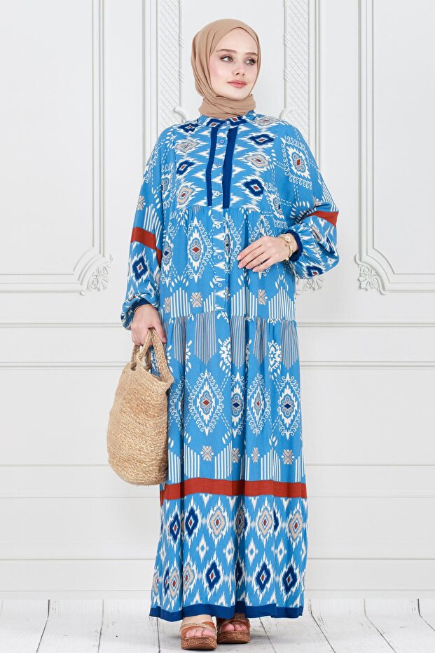 Blue Ikat Patterned Half Button Dress - 1