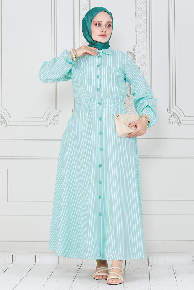 Green Striped Buttoned Dress - 1