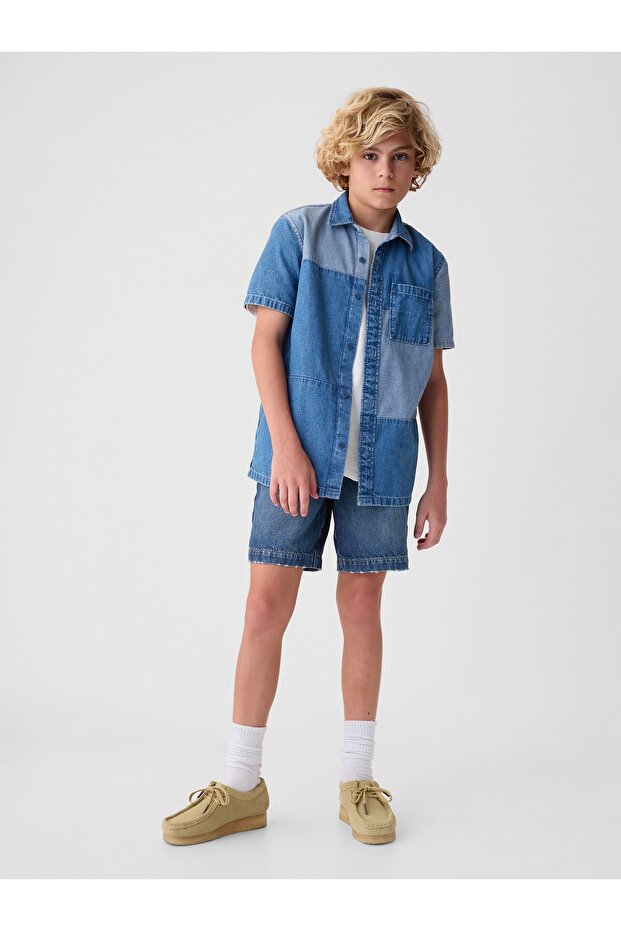 Erkek Çocuk Mavi Patchwork Denim Gömlek - 3
