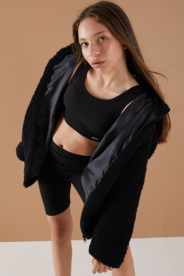 Black Hooded Girl's Plush Cardigan with Chest Pockets 19499