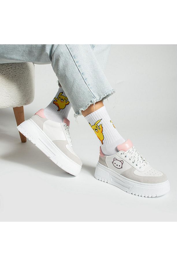 Krem White Cat Baskılı Yüksek Taban Bağcıklı Sneaker Ayakkabı - 1