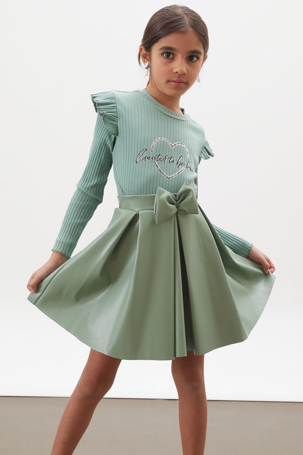 Green Heart Printed Sequined Badi Girl's Leather Skirt Suit 18026