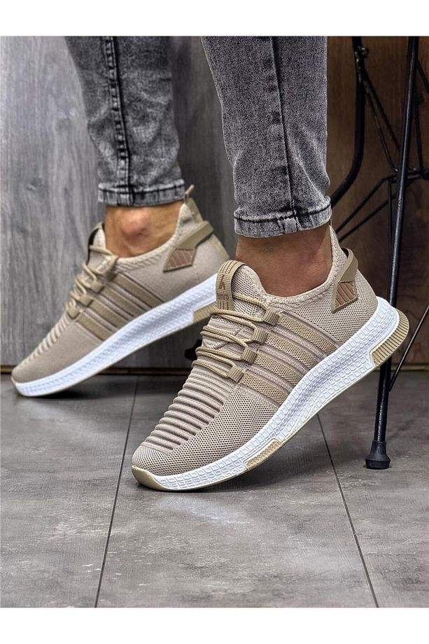 Erkek Bağcıklı Triko Spor Ayakkabı-Bej-Camel - 5