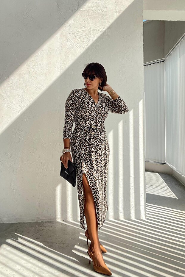 Leopar Drapeli Elbise - 5
