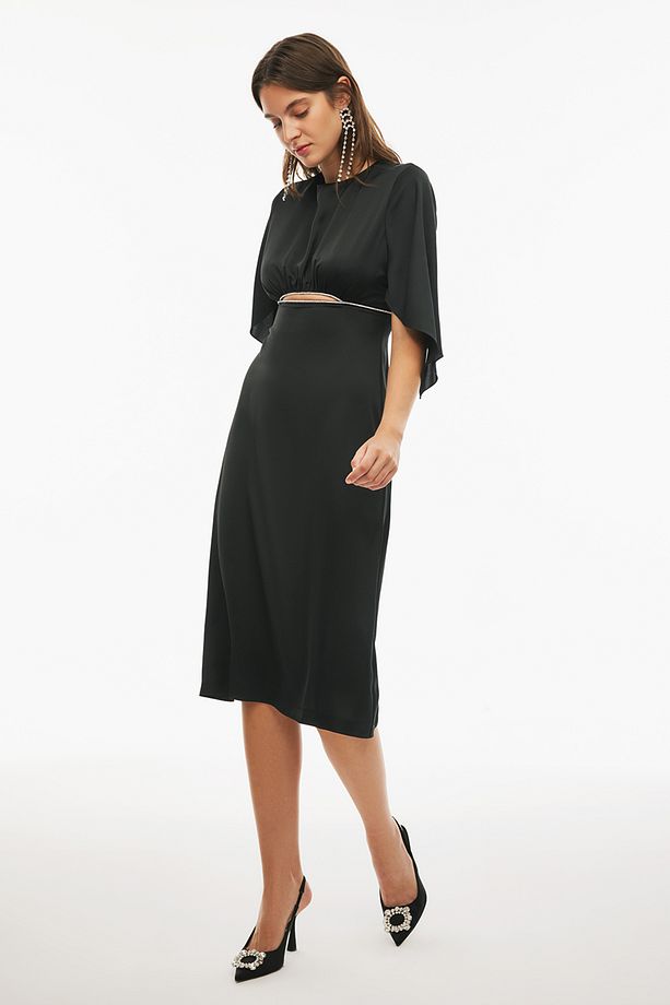 İlana Regular Fit Midi Boy Takma Kol Bisiklet Yaka Siyah Renk Elbise - 3