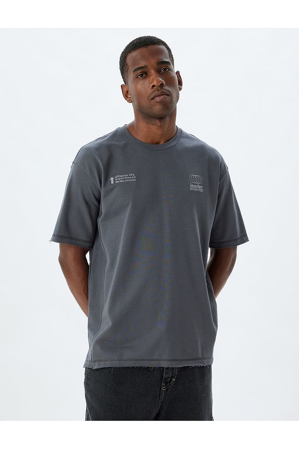 Slogan Baskılı Pamuklu Bisiklet Yaka Kısa Kollu Oversize Tişört - 3