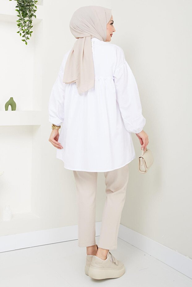 تونيك مزموم باللون الأبيض HM2411 - 5