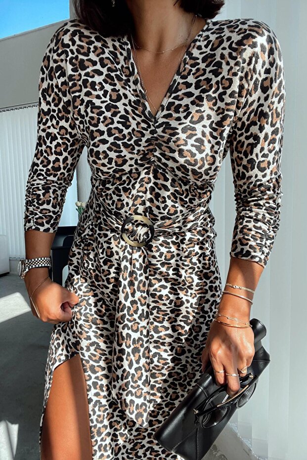 Leopar Drapeli Elbise - 6