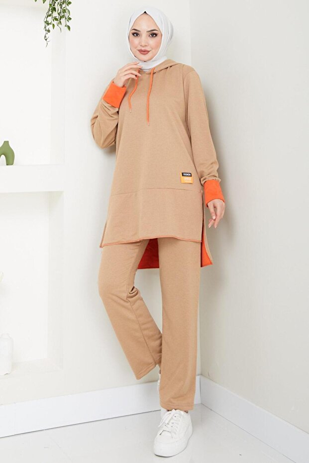 Camel Neon Garnished Hooded Tracksuit Set - HM2465