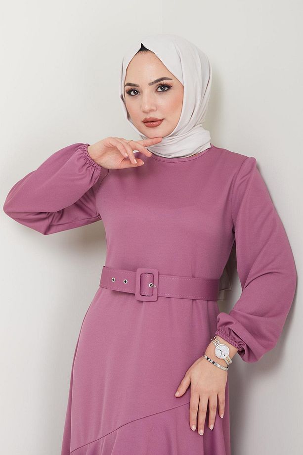 Volan Detaylı Kemerli Elbise Mürdüm HM2421 - 3
