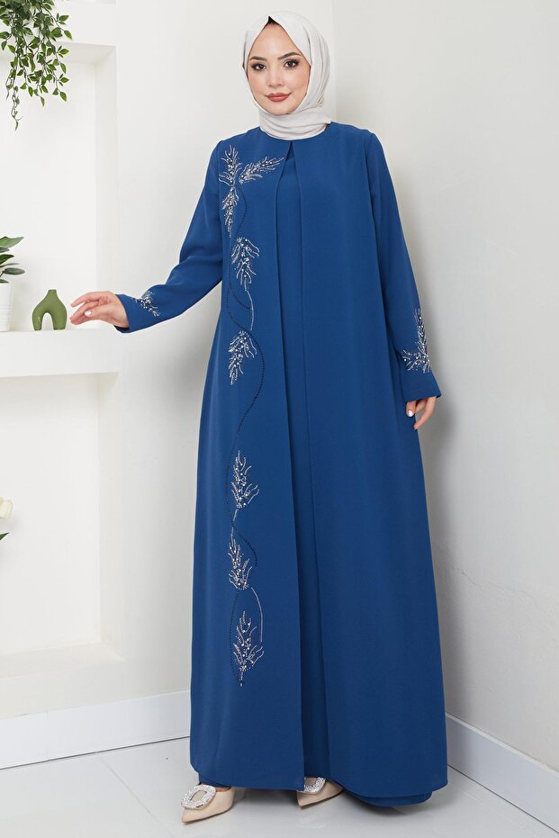 Plus Size Leaf Rhinestone Mother's Dress Indigo Hm2350
