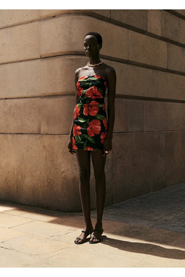 Çiçekli Straplez Elbise - 8