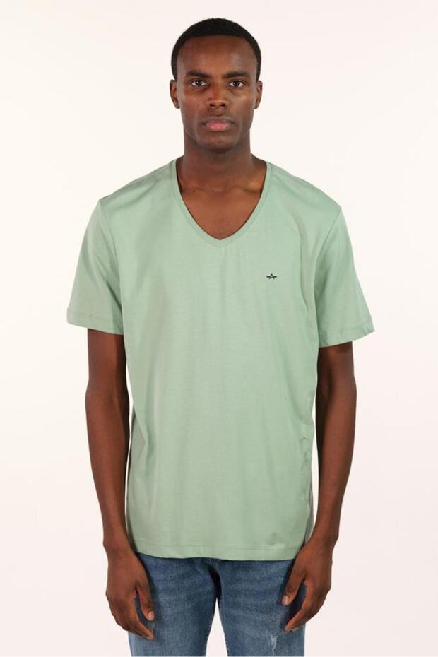 Ar-Ma Men's V-Neck T-Shirt Unprinted Basic Regular Fit Combed Cotton Single Jersey Y22364400101 Green-Y2