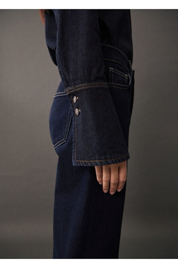 Dikişli denim gömlek - 5