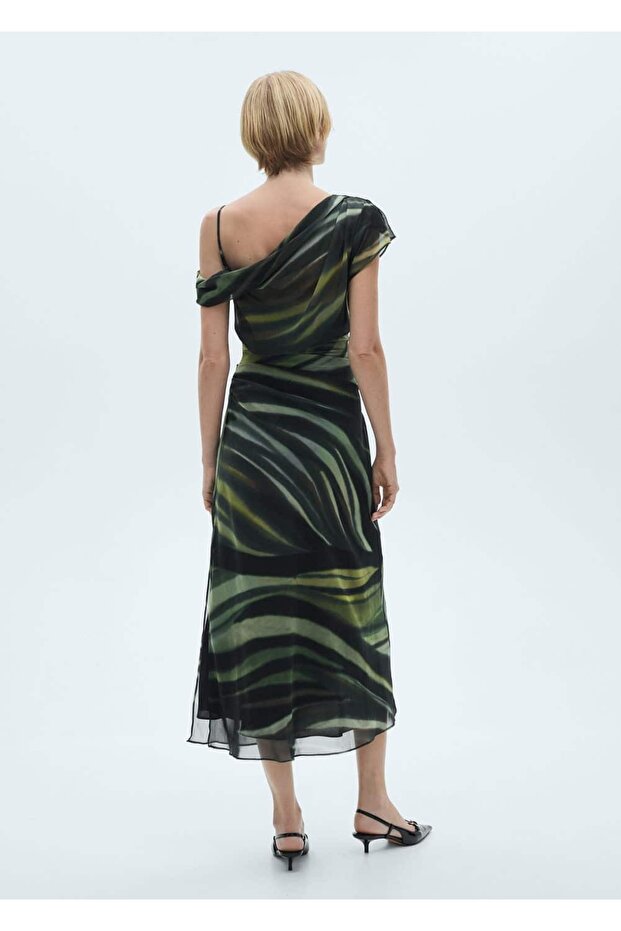 Drape Detaylı Desenli Elbise - 4