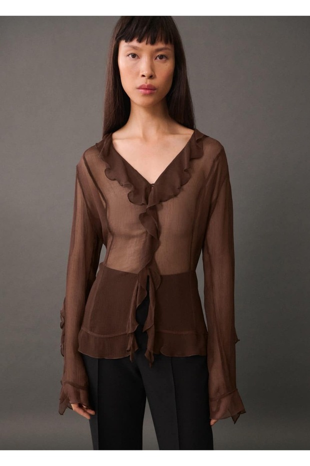 Yarı transparan volanlı bluz - 1