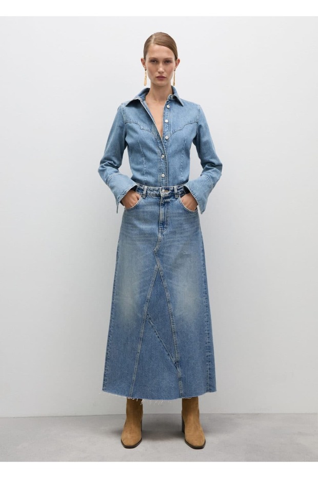 Dikişli denim gömlek - 1