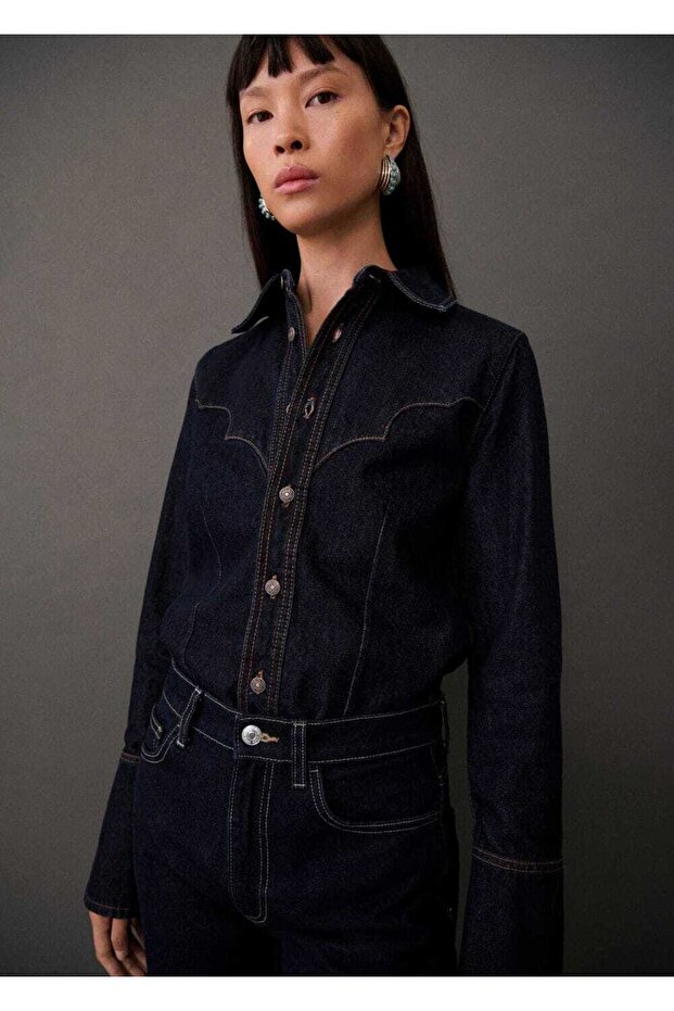 Dikişli denim gömlek - 1