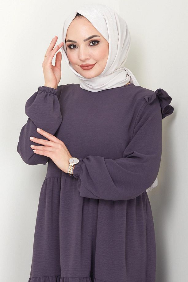 Omuzu Fırfırlı Ayrobin Tesettür Elbise Füme HM2062 - 3