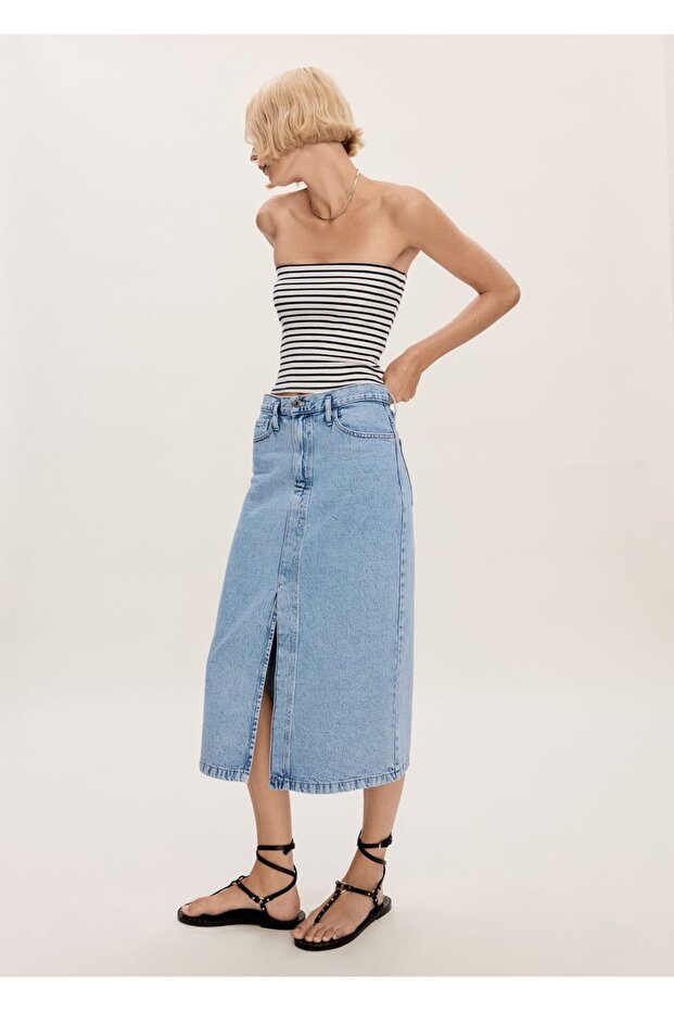 Yırtmaçlı denim etek - 2