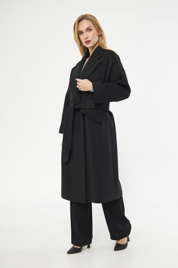 Erkek Yaka Oversize Siyah Kadın Kaban - 2