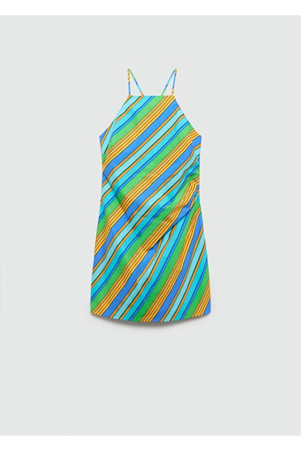 Çizgi desenli halter yaka elbise - 3