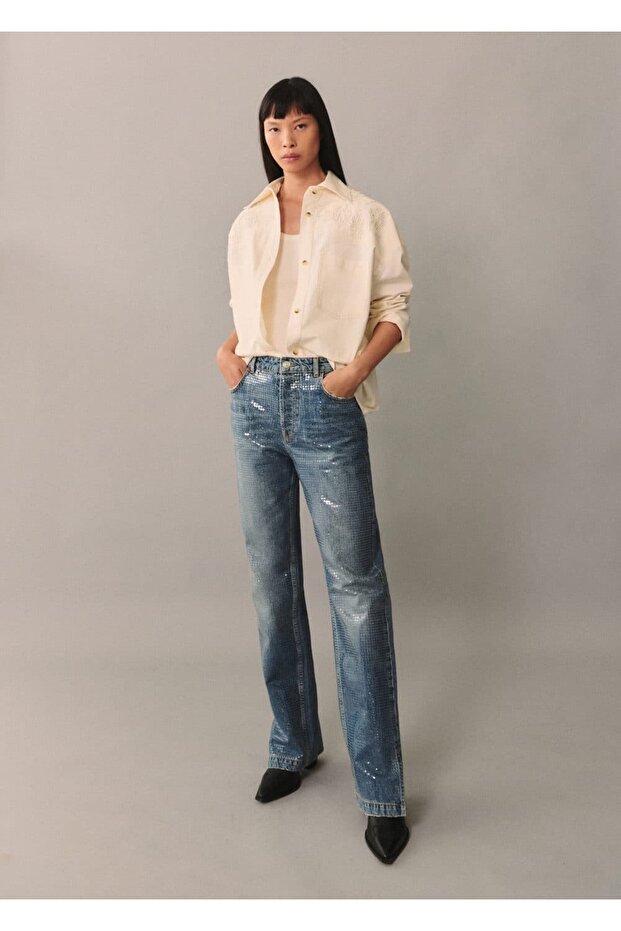 Yırtmaçlı Pullu Jean Pantolon - 2