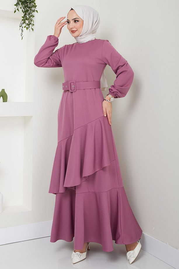 Volan Detaylı Kemerli Elbise Mürdüm HM2421 - 6