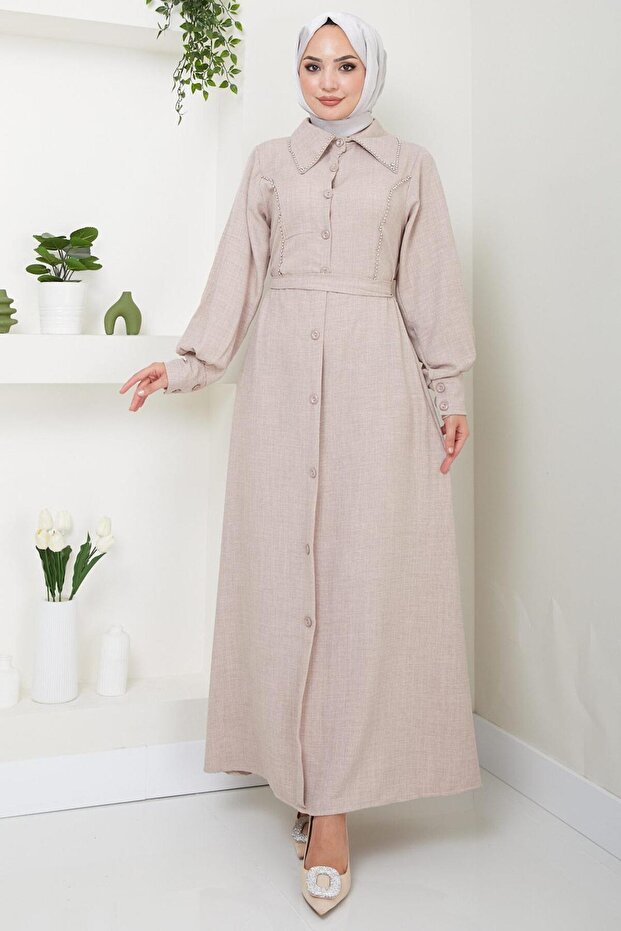 Boncuklu Sofia Elbise Vizon HM2476 - 1