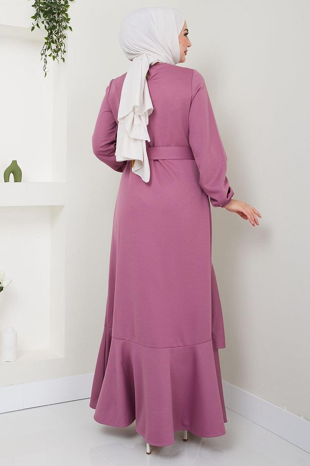 Volan Detaylı Kemerli Elbise Mürdüm HM2421 - 5
