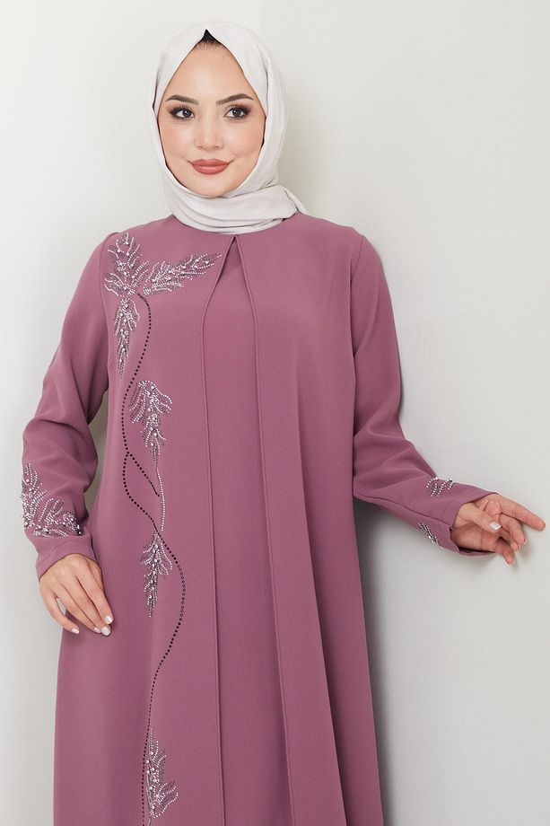 Büyük Beden Yaprak Taşlı Anne Elbisesi Gül Kurusu HM2350 - 6