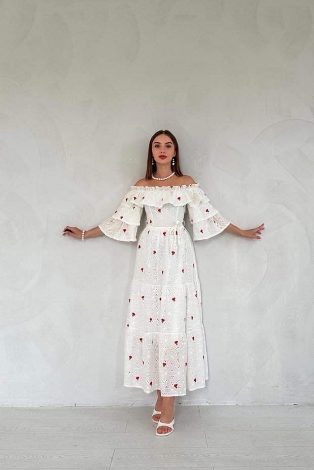 Embroidered Dress with Elastic Shoulders