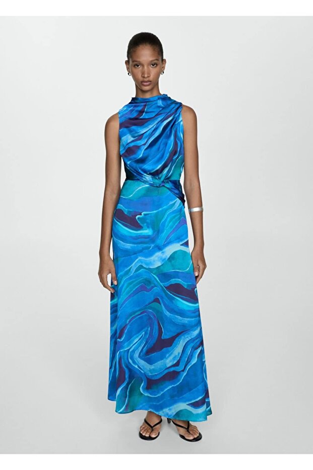 Patterned Satin Dress with Drape Collar - 1