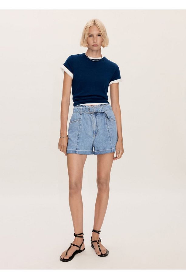 Kemerli denim şort - 2