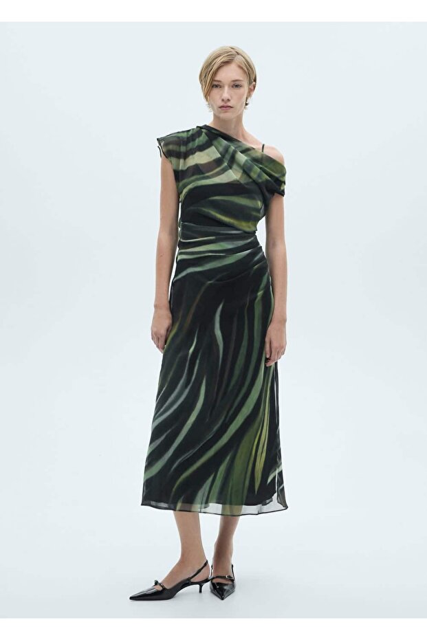 Drape Detaylı Desenli Elbise - 2