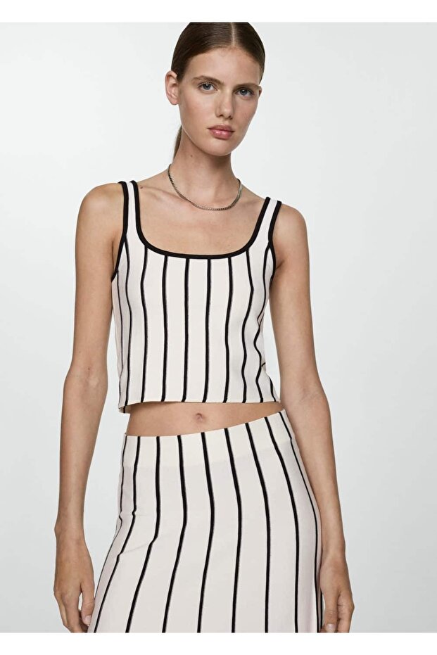 Çizgili triko crop bluz - 1