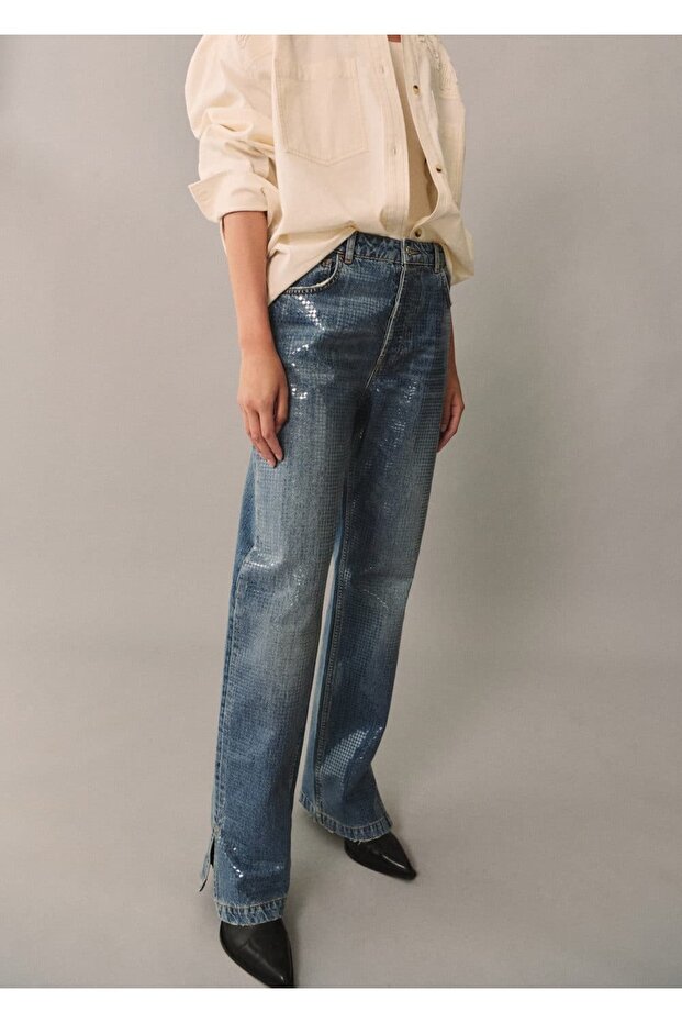 Yırtmaçlı Pullu Jean Pantolon - 1