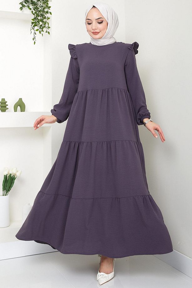 Omuzu Fırfırlı Ayrobin Tesettür Elbise Füme HM2062 - 2