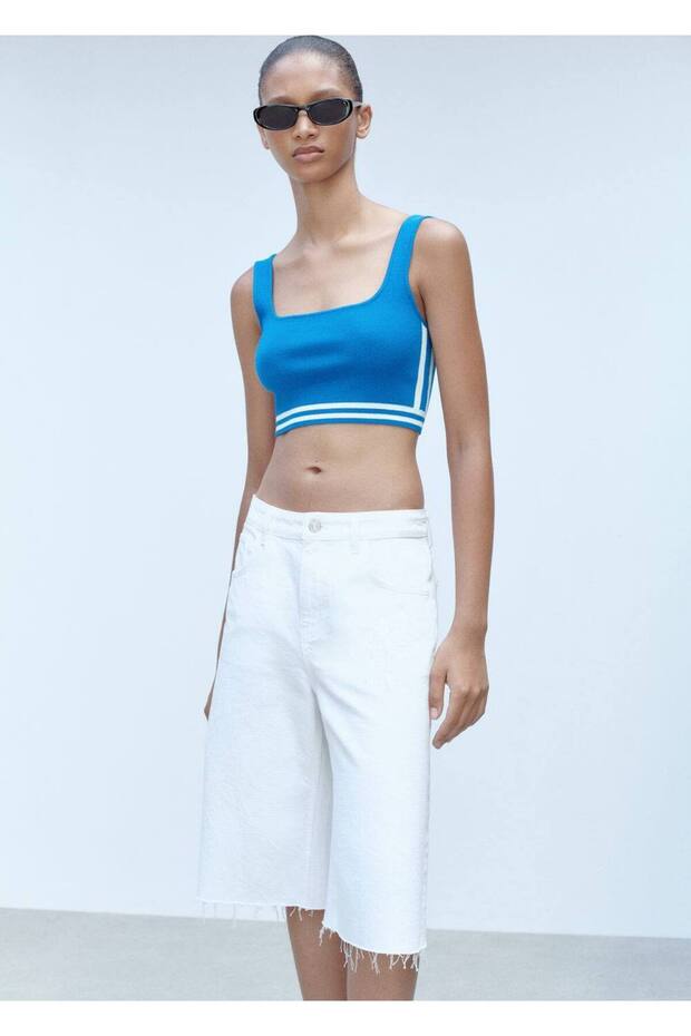 Çizgili triko crop bluz - 5