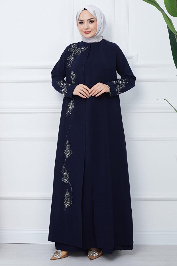 Plus Size Leaf Jewelled Mother's Dress Navy Blue HM2350