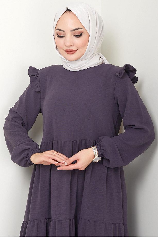 Omuzu Fırfırlı Ayrobin Tesettür Elbise Füme HM2062 - 6
